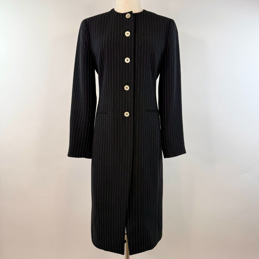Vintage Black Pinstripe Maxi Blazer Scoop Neck Minimalist Office Siren Chic Sz 4